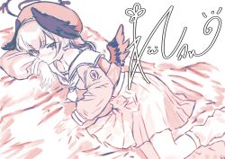 Rule 34 | 1girl, absurdres, beret, black wings, blue archive, blush, feathered wings, halo, hat, head wings, highres, ichiya refi, kneehighs, koharu (blue archive), loose socks, lying, on bed, pleated skirt, single off shoulder, skirt, socks, winged hat, wings