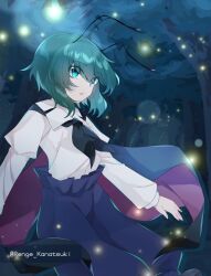 Rule 34 | 1girl, antennae, aqua eyes, black cape, black neckerchief, black shoes, blue pants, bug, cape, commentary request, feet out of frame, firefly, forest, green hair, highres, insect, juliet sleeves, long sleeves, medium hair, nature, neckerchief, night, pants, parted lips, puffy sleeves, red cape, renge kanatsuki, shirt, shoes, solo, touhou, two-sided cape, two-sided fabric, white shirt, wriggle nightbug