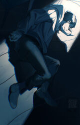 Rule 34 | 1boy, arms behind back, blue theme, bound, bound wrists, clenched teeth, commentary request, full body, highres, hood, hood down, hooded jacket, indoors, jacket, long sleeves, looking at viewer, lying, male focus, monochrome, nervous, on side, pants, profile, restrained, saida (ohda ooda), shaded face, shadow, shoes, short hair, solo, teeth, toshi densetsu kaitai center, yamada gasmask