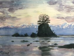Rule 34 | artist name, cloud, cloudy sky, evening, keishi (pixiv 1245064), mountain, nature, no humans, ocean, original, outdoors, painting (medium), scenery, sky, traditional media, water, watercolor (medium)