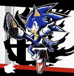 1boy derivative_work full_body gloves green_eyes highres leg_up looking_at_viewer male_focus nintendo over_st1 signature sonic_(series) sonic_the_hedgehog super_smash_bros. super_smash_bros._logo teeth white_gloves