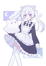 ! !! 1girl absurdres animal_ear_fluff animal_ears apron black_dress blush bow bowtie cat_ears commentary crescent dress feet_out_of_frame frilled_apron frilled_dress frills ghost highres long_hair long_sleeves looking_at_viewer maid maid_headdress miwoi original parted_lips sidelocks solo symbol-only_commentary thighhighs twintails white_apron white_bow white_bowtie white_hair white_thighhighs zettai_ryouiki
