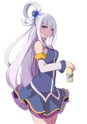 Rule 34 | 1girl, aqua (konosuba), aqua (konosuba) (cosplay), bare shoulders, beads, blue gemstone, blue shirt, blue skirt, breasts, can, cosplay, detached sleeves, dress, elf, emilia (re:zero), frilled skirt, frills, gem, hair beads, hair ornament, hair rings, highres, holding, holding can, kono subarashii sekai ni shukufuku wo!, long hair, long sleeves, looking at viewer, medium breasts, miniskirt, official alternate costume, official alternate hairstyle, pointy ears, purple eyes, re:zero kara hajimeru isekai seikatsu, shirt, single hair ring, skirt, solo, white background, white hair, yasehattagi