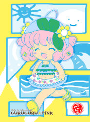 1girl ahoge animal beach bikini blue_bikini blue_swim_cap blush child closed_eyes collarbone crab curucuru_pink_(misukomu_plus) flat_chest floral_print flower frilled_bikini frills hair_flower hair_ornament hair_tubes heart innertube leaf_hair_ornament misukomu_plus navel ocean open_mouth original palm_tree pink_hair print_bikini running sandals short_hair short_twintails sky smile star_(symbol) sun swim_cap swim_ring swimsuit tree twintails water yellow_background yellow_sandals