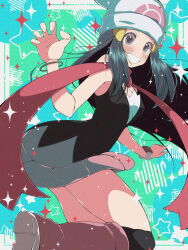 beanie boots dawn_(pokemon) floating_scarf fujiwara_hiro_(kaede_ciao) hat highres nintendo pink_boots pink_skirt poke_ball_print pokemon pokemon_dppt poketch red_scarf scarf skirt watch white_hat wristwatch