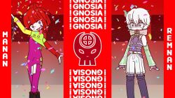 Rule 34 | 1boy, bare shoulders, blunt bangs, corruption, detached sleeves, earrings, fingerless gloves, ganbin, gloves, gnosia, grey hair, hair between eyes, heart, heart earrings, high ponytail, hood, hoodie, jewelry, long hair, long sleeves, looking at viewer, mesmerizer (vocaloid), parody, ponytail, purple eyes, red hair, remnan (gnosia), short hair, smile, sq (gnosia), style parody, tattoo