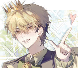 1boy black_hair black_jacket blonde_hair bow bowtie chinese_commentary collared_shirt crown earrings fangs frilled_sleeves frills green_bow green_bowtie green_shirt hair_between_eyes hand_up heart highres index_finger_raised jacket jewelry laipingpijiuma long_sleeves looking_at_viewer male_focus multicolored_hair official_alternate_costume open_mouth portrait shiguang_dailiren shirt short_hair smile solo sparkle teeth two-tone_hair upper_body xia_fei yellow_eyes
