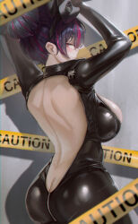 1girl absurdres arms_up ass back backless_outfit black_bodysuit black_hair black_mask blurry blush bodysuit breasts butt_crack caution_tape commentary depth_of_field from_behind goddess_of_victory:_nikke highres jindogod large_breasts latex latex_bodysuit looking_at_viewer looking_back mask mask_on_head median_furrow multicolored_hair official_alternate_costume official_alternate_hairstyle quency_(escape_queen)_(nikke) quency_(nikke) red_eyes red_hair smile solo streaked_hair
