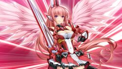 1girl angel_wings armor bare_shoulders black_gloves breasts cleavage covered_navel cowboy_shot dress exs-tia_chevalier_(exs-tia_r) feathered_wings floating_hair game_cg gloves grin hair_between_eyes headgear high_ponytail holding holding_sword holding_weapon inoino kouyoku_senki_exs-tia large_breasts long_hair looking_at_viewer medium_breasts non-web_source official_art parted_lips pink_hair pink_wings pleated_skirt ponytail purple_eyes rieszverne_suzette_paladill skirt smile solo standing sword thighhighs very_long_hair weapon wings