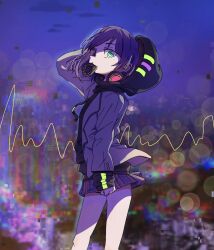 1girl arm_up black_hair black_hoodie blazer blurry bokeh chocolate_donut chromatic_aberration city_lights clenched_hand cloud cowboy_shot dalidari27 depth_of_field distortion donut drawstring floating_hair food from_side green_eyes grey_jacket grey_skirt hair_between_eyes haraga_kurumi headphones headphones_around_neck highres hood hood_up hoodie jacket kimi_no_koto_ga_dai_dai_dai_dai_daisuki_na_100-nin_no_kanojo long_sleeves looking_at_viewer miniskirt mouth_hold night night_sky ohananomitsu_middle_school_uniform plaid_clothes plaid_skirt pleated_skirt school_uniform short_hair single_sidelock skirt sky solo wind wind_lift