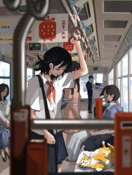 1girl arm_up bag black_bag black_hair black_skirt blurry cat closed_eyes collared_shirt commentary day depth_of_field drooling english_commentary feet_out_of_frame from_side hand_grip highres holding_hand_grip lan_(ngtblan) medium_hair neckerchief original people red_neckerchief school_uniform shirt shoulder_bag sitting skirt sleepy standing train_interior white_shirt