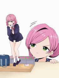 Rule 34 | 2girls, bag, blazer, blue jacket, blue skirt, bow legwear, breasts, brown shoes, can, closed mouth, collared shirt, doll panty check, drink can, female pervert, figure, flower, flower bed, frown, green eyes, hair behind ear, hair between eyes, hair bun, hair flower, hair intakes, hair ornament, hanazono hahari, hanazono hakari, hand on own cheek, hand on own face, hand on table, highres, implied incest, implied pantyshot, implied yuri, jacket, kimi no koto ga dai dai dai dai daisuki na 100-nin no kanojo, knees together feet apart, kusanochika, large breasts, loafers, long sleeves, medium hair, miniskirt, mole, mole under eye, mother and daughter, motion lines, multiple girls, neck ribbon, no nose, ohananomitsu high school uniform, parted bangs, peeking, pervert, pink flower, pink hair, pleated skirt, red ribbon, ribbon, school bag, school uniform, shirt, shoes, simple background, single hair bun, single hair intake, single sidelock, skirt, skirt tug, socks, spill, standing, standing on one leg, thick thighs, thighs, v-shaped eyebrows, white background, white shirt, white socks