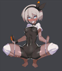 1girl barefoot bea_(pokemon) blue_eyes blush bodysuit bow cameltoe clenched_teeth clothes_lift covered_erect_nipples covered_navel dark-skinned_female dark_skin full_body gloves grey_background grey_hair hair_bow hairband knee_pads nintendo pokemon pokemon_swsh shirt_lift short_hair single_glove solo squatting sweat teeth ukimukai