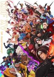 6+boys 6+girls absurdres andy_bogard angel_(kof) anniversary antonov_(kof) asamiya_athena ash_crimson billy_kane black_hair blonde_hair blue_eyes blue_hair blue_mary braid breasts brown_hair chris_(kof) clark_still dark_skin darli_dagger dolores_(kof) dougi elisabeth_blanctorche english_text everyone eyepatch fatal_fury fatal_fury_cap fingerless_gloves folding_fan garou:_mark_of_the_wolves gato_(snk) geese_howard genocide_cutter glasses gloves goggles goggles_on_head green_hair hair_between_eyes hair_over_eyes hairband hand_fan haoumaru hat headband headphones heidern highres holding holding_fan isla_(kof) b._jenet joe_higashi k&#039;_(kof) kagura_chizuru king_(snk) king_of_dinosaurs krohnen kukri_(kof) kula_diamond kusanagi_kyou large_breasts leona_heidern long_hair luong maxima medium_breasts meitenkun midriff multicolored_hair multiple_boys multiple_girls nakoruru nanakase_yashiro navel nikaidou_benimaru official_art purple_hair ralf_jones ramon_(kof) robert_garcia rock_howard rugal_bernstein ryou_sakazaki ryuuko_no_ken s.n.x samurai_spirits shermie_(kof) shiranui_mai short_hair shun&#039;ei smile sunglasses terry_bogard the_king_of_fighters the_king_of_fighters_xv topless_male vanessa_(kof) whip_(kof) white_background white_hairband white_headband yabuki_shingo yagami_iori yamazaki_ryuuji yuri_sakazaki