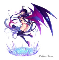 1girl :d ass boots company_name cosplay demon_girl demon_tail demon_wings disgaea floating floating_hair full_body glowing glowing_eye high_heel_boots high_heels highres horns long_hair looking_at_viewer magic_circle makai_senki_disgaea mikan_ame_(gumi) official_alternate_costume official_art open_mouth pointy_ears purple_boots purple_eyes rosa_(ta_ga_tame_no_alchemist) smile solo succubus_(disgaea) succubus_(disgaea)_(cosplay) ta_ga_tame_no_alchemist tail thigh_boots thighs third-party_source wings