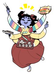 1girl acenth arms_up arthropod_girl black_hair braid chopsticks colored_skin cup eating extra_arms extra_eyes grey_skin hanbok holding holding_chopsticks holding_tray insect_girl korean_clothes long_hair looking_at_viewer muffet open_mouth sharp_teeth simple_background spider_girl standing standing_on_one_leg teacup teapot teeth tray undertale white_background white_footwear