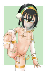 1girl absurdres avatar:_the_last_airbender avatar_legends bangle barefoot black_hair blind bracelet circlet cleft_of_venus collarbone detached_sleeves feet female_focus flat_chest gluteal_fold green_eyes green_hairband green_nails grin hair_between_eyes hairband highres jewelry leg_hold leg_up loli looking_at_viewer mouth_veil nail_polish navel nipple_piercing nippleless_clothes nipples pelvic_curtain piercing pom_pom_(clothes) pussy see-through_clothes short_hair sidelocks smile soles solo standing standing_on_one_leg stirrup_legwear teeth thighhighs thighs toeless_legwear toenail_polish toenails toes toph_beifong uncensored veil ylcken