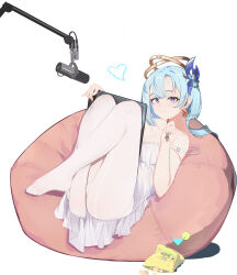 absurdres blue_hair breasts chips_(food) cleavage cocktail_glass commentary_request couch crescent crescent_earrings crossed_ankles cup drawing_tablet dress drinking_glass earrings feet flower food griseo griseo_(cosmic_expression) hair_flower hair_ornament highres holding holding_drawing_tablet holding_pen honkai_(series) honkai_impact_3rd jewelry large_breasts long_hair looking_at_viewer microphone no_shoes on_couch panties pantyhose pen potato_chips simple_background smile studio_microphone toes underwear white_background white_dress white_panties white_pantyhose yinglemao