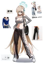 1girl absurdres alternate_costume anyak05 asuna_(blue_archive) black_bag black_choker black_pants blonde_hair blue_archive blue_eyes blue_ribbon breasts calvin_klein choker cleavage collarbone dong_(art_woodong) eyes_visible_through_hair glasses grey_sports_bra hair_ribbon halo hands_on_own_hips highres long_hair mole mole_on_breast navel nike_(company) pants photo-referenced ribbon shoes sleeves_past_wrists smile sports_bra stomach sunglasses twitter_username unbuttoned v very_long_hair white_shoes