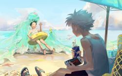 2boys bare_arms bare_shoulders barefoot beach beach_umbrella black_hair black_shorts can child cloud commentary crack cracked_glass crossover crushing day drink drink_can facing_away facing_viewer flip-flops gon_freecss green_shorts grey_hair hand_up handheld_game_console highres holding holding_can holding_unworn_clothes holding_footwear holding_handheld_game_console holding_swim_ring holding_unworn_clothes hug hug_from_behind hunter_x_hunter innertube killua_zoldyck leaning_back moana_(movie) monster_girl multiple_boys nature object_on_head ocean ocean_(moana) outdoors panni_xing paper_boat partially_submerged polka_dot sandals shoes short_hair shorts sky slime_girl soda_can soles spiked_hair spitting standing starfish surprised swim_ring tank_top umbrella unworn_shoes waves waving