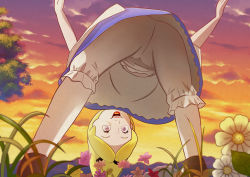 absurdres alice alice&#039;s_adventures_in_wonderland ass bent_over blonde_hair bloomers blue_dress clothes_lift disney dress dress_lift flashing from_below highres loli looking_at_viewer shoes underwear upskirt