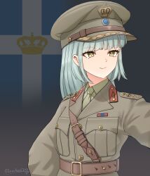 1girl absurdres aqua_hair arm_up artist_name belt breast_pocket brown_belt closed_mouth commentary dress_shirt flag_background greece greek_flag green_hat green_jacket green_necktie green_shirt hat highres jacket leochan1202 long_hair looking_to_the_side military military_rank_insignia military_uniform necktie original peaked_cap pocket ribbon_bar shirt smile upper_body world_war_ii yellow_eyes