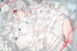 1girl artist_name au_ra dragon_girl dragon_horns dress final_fantasy final_fantasy_xiv flower highres horns long_hair looking_at_viewer motsuni_(lxxe1120) picture_frame red_eyes rose scales solo string string_of_fate warrior_of_light_(ff14) white_dress white_flower white_hair white_horns white_rose