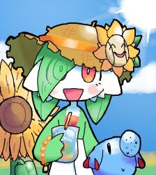 1girl blush bob_cut capri-sun cloud colored_skin dress flower gardevoir gen_3_pokemon green_hair green_skin hair_flower hair_ornament hair_over_one_eye melfunnysmell multicolored_skin nintendo one_eye_covered open_mouth outdoors pokemon pokemon_(creature) red_eyes short_hair sun sunflower sunflower_hair_ornament two-tone_skin white_dress white_skin