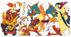 Rule 34 | :o, black sclera, blaziken, charizard, cinderace, claws, closed mouth, colored sclera, commentary, delphox, emboar, english commentary, fangs, fire, gen 1 pokemon, gen 2 pokemon, gen 3 pokemon, gen 4 pokemon, gen 5 pokemon, gen 6 pokemon, gen 7 pokemon, gen 8 pokemon, hisuian typhlosion, holding, holding stick, incineroar, infernape, nintendo, open mouth, pokemon, pokemon (creature), pokemon focus, psaber97, red eyes, skeledirge, standing, stick, teeth, tongue, tusks, typhlosion, white background, yellow eyes