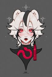 1girl animal_ears bear_ears bear_girl black_hair blush highres inoaart logos_(crrn) long_eyelashes looking_at_viewer multicolored_hair original red_eyes short_hair snake solo streaked_hair two-tone_hair white_hair