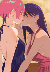 2girls amate_yuzuriha blue_dress blush closed_eyes commentary dark-skinned_female dark_skin dress earrings gundam gundam_gquuuuuux hand_on_another&#039;s_face highres hoop_earrings jewelry long_hair multiple_girls nyaan_(gundam_gquuuuuux) orange_background purple_hair purple_nails red_dress red_hair shirt short_hair sleeveless sleeveless_shirt very_long_hair yellow_eyes yghm yuri