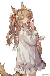 1girl alternate_costume angelina_(arknights) animal_ear_fluff animal_ears arknights bag biting bow brown_hair chinese_commentary commentary_request cowboy_shot dress food food-themed_hair_ornament fox_ears fox_girl fox_tail fruit hair_bow hair_ornament hand_up highres holding holding_food long_hair long_sleeves looking_at_viewer mido_(mido_chen) ribbon shoulder_bag simple_background solo strawberry strawberry_hair_ornament tail twintails white_background white_bow white_dress white_ribbon