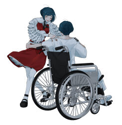 1boy 1girl absurdres black_shoes collared_shirt commentary_request facing_another frilled_shirt frilled_sleeves frills fukurai_azami full_body hair_between_eyes hand_on_another&#039;s_shoulder hand_on_another&#039;s_waist highres long_sleeves maelo meguriya_ayumu open_mouth pants pantyhose puffy_long_sleeves puffy_sleeves red_shirt red_skirt shirt shoes short_hair simple_background sitting skirt smile standing toshi_densetsu_kaitai_center wheelchair white_background white_pants white_pantyhose white_shirt