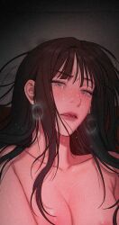 Rule 34 | 1girl, bad thinking diary, black hair, blue eyes, crying, highres, kang yuna (bad thinking diary), long hair, nude, solo, upper body, very long hair