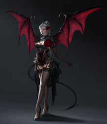 1girl absurdres braid breasts cleavage corset demon_girl demon_tail demon_wings flower highres long_hair medium_breasts original red_flower red_rose rose single_braid tail white_eyes white_hair wings wooywooy