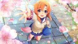 1girl :d arm_up bag blue_eyes blue_shirt blue_skirt brown_shoes cherry_blossoms clannad falling_petals from_above full_body game_cg highres higurashi_no_naku_koro_ni higurashi_no_naku_koro_ni_mei hikarizaka_private_high_school_uniform holding holding_bag jacket lens_flare loafers long_sleeves looking_at_viewer miniskirt non-web_source official_art open_mouth orange_hair outdoors outstretched_arm pavement petals pink_petals pleated_skirt reaching reaching_towards_viewer ryuuguu_rena sailor_collar school_uniform shirt shoes short_hair skirt smile socks solo sparkle spring_(season) standing white_sailor_collar white_socks yellow_jacket