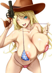 1girl american_flag american_flag_bikini american_flag_print bikini blonde_hair breasts cowboy_hat flag_print flag_print_bikini gun hat highres huge_breasts long_hair print_bikini swimsuit weapon