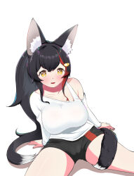 1girl animal_ear_fluff animal_ears asymmetrical_clothes asymmetrical_shirt black_hair black_shorts breasts cameltoe clothing_cutout commentary_request double-parted_bangs hair_ornament hairclip highres hololive kani_bonara large_breasts leotard light_blush long_hair long_sleeves looking_at_viewer multicolored_hair official_alternate_costume official_alternate_hairstyle ookami_mio ookami_mio_(casual) open_mouth ponytail red_hair shirt short_shorts shorts shoulder_cutout sidelocks single-shoulder_shirt single_bare_shoulder sitting solo strapless strapless_leotard streaked_hair tail tail_around_own_leg tail_wrap very_long_hair virtual_youtuber white_hair white_shirt wolf_ears wolf_girl wolf_tail yellow_eyes