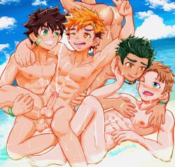 4boys anal armpits bandana bandana_around_neck blush brown_hair camp_buddy completely_nude cum cum_in_ass cum_on_self day ejaculating_while_penetrated ejaculation green_eyes green_hair guinneson_cb hair_ornament hairclip highres hiro_akiba jewelry keitaro_nagame male_focus male_penetrated multiple_boys muscular muscular_male necklace nipples nude ocean one_eye_closed orange_eyes orange_hair partially_submerged pectorals shota tongue tongue_out wink yaoi