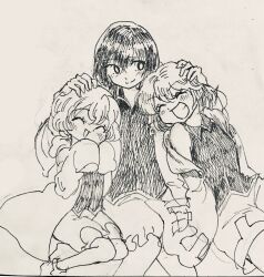 3others ^_^ androgynous bad_id bad_twitter_id bare_shoulders boots closed_eyes closed_mouth collared_shirt commentary cowboy_shot dot_nose eyelashes feet_out_of_frame frilled_shorts frills greyscale grin group_hug hair_between_eyes hand_on_another&#039;s_head hands_up happy highres hood hood_down hooded_jacket hug jacket len&#039;en light_blush long_sleeves looking_at_viewer monochrome multiple_others no_headwear open_clothes open_jacket open_mouth other_focus photo_(medium) shirt shitodo_aoji shitodo_hooaka shitodo_kuroji short_hair shorts siblings sleeveless sleeveless_shirt sleeves_past_fingers sleeves_past_wrists smile traditional_media wide_sleeves yukkyon_kyon