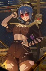 Rule 34 | 1girl, alternate costume, baseball bat, belt, beret, black belt, black bow, black choker, black hat, black lips, black nails, black pantyhose, black shorts, blue eyes, blue hair, bow, breasts, chain-link fence, choker, crop top, cropped shirt, elbow gloves, emo fashion, fence, fingerless gloves, fishnet gloves, fishnet top, fishnets, gloves, hair bow, hand on own hip, hat, highres, holding, holding baseball bat, hololive, hoshimachi suisei, jewelry, medium breasts, medium hair, multiple rings, natt rondonhi, pantyhose, red-tinted eyewear, ring, round eyewear, shorts, single glove, smile, solo, spiked choker, spikes, star (symbol), star in eye, sunglasses, symbol in eye, tinted eyewear, torn clothes, torn pantyhose, torn shorts, v-shaped eyebrows, virtual youtuber