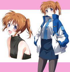 Rule 34 | 1girl, :/, :d, absurdres, black pantyhose, black shirt, blue eyes, blue jacket, blue necktie, blue skirt, brown hair, cowboy shot, cropped torso, hands in pockets, hashtag-only commentary, highres, jacket, long sleeves, looking at viewer, lyrical nanoha, mahou shoujo lyrical nanoha exceeds: gun blaze vengeance, multicolored jacket, multiple views, necktie, open mouth, pantyhose, pencil skirt, pink background, shirt, short hair, side ponytail, simple background, skirt, sleeveless, sleeveless shirt, smile, takamachi nanoha, tie clip, turtleneck, turtleneck shirt, white background, white jacket, white shirt, wing collar, yorousa (yoroiusagi)