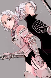 10s 2girls armlet armor armored_boots ascot back-to-back bad_id bad_pixiv_id black_jacket boots bra bracer breastplate breasts brooch dark_persona dual_persona dutch_angle empty_eyes eyelashes gauntlets grey_background hand_on_hilt high_collar high_ponytail highres holding holding_sword holding_weapon jacket jericho_(nanatsu_no_taizai) jewelry lace lace-trimmed_bra lace_trim limited_palette lips looking_ahead looking_back multiple_girls nanatsu_no_taizai noshima parted_lips ponytail red_eyes curtained_hair short_hair sideboob silver_hair simple_background sword thighs underwear waist_cape weapon