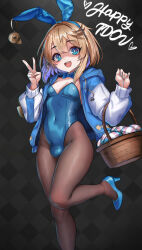 1futa basket breasts bridget_(guilty_gear) bulge covered_navel egg futanari genderswap genderswap_(mtf) high_heels izumi_is_blah jacket leotard medium_breasts open_clothes open_jacket playboy_bunny transgender_day_of_visibility transgender_flag v