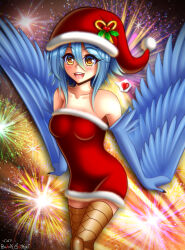 Rule 34 | 1girl, absurdres, aerial fireworks, artist name, blacksaikou, blue hair, blue wings, blush, breasts, christmas, collarbone, commentary, cowboy shot, dress, english commentary, feathered wings, firework background, fireworks, fur-trimmed dress, fur-trimmed headwear, fur trim, hair between eyes, hat, hat ornament, heart, highres, holly hat ornament, long bangs, looking at viewer, medium breasts, medium hair, monster musume no iru nichijou, open mouth, papi (monster musume), pom pom (clothes), red dress, red hat, santa costume, santa dress, santa hat, short dress, smile, solo, spoken heart, strapless, strapless dress, winged arms, wings, yellow eyes
