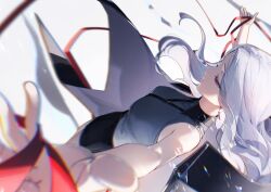 1girl black_shirt black_skirt closed_mouth collared_shirt floating_hair hatski.sin highres long_hair original red_eyes red_ribbon ribbon shirt skirt sleeveless sleeveless_shirt solo white_background white_hair