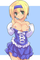 00s 1girl bad_id bad_pixiv_id blonde_hair breasts clothes_pull dress_pull eeeeee elbow_gloves female_focus gloves green_eyes gundam gundam_00 hairband louise_halevy nipples pulling_own_clothes short_hair solo