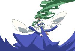 1girl ay606078 bare_shoulders blue_skirt detached_sleeves floating_hair frog_hair_ornament from_behind green_hair hair_ornament hair_tubes highres kochiya_sanae long_hair long_skirt long_sleeves shirt simple_background single_hair_tube single_sidelock skirt skirt_set sleeve_bow sleeveless sleeveless_shirt snake_hair_ornament solo touhou very_long_hair white_background wide_sleeves