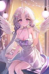 1girl absurdres ayatsuno_yuni bare_shoulders breasts cleavage closed_mouth cross-shaped_pupils dress feathered_wings gloves grey_hair highres horns indoors large_breasts mella_(mell_a12) multicolored_tail parted_bangs purple_eyes single_glove single_horn sitting smile solo stellive symbol-shaped_pupils tail unicorn_girl unicorn_horn virtual_youtuber white_dress white_gloves white_hair white_wings wings