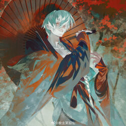 1boy absurdres autumn blue_hanfu chinese_clothes chinese_commentary collarbone commentary_request cowboy_shot dare_no_inarikami day forest grin hair_between_eyes hanfu highres holding holding_umbrella layered_sleeves long_sleeves male_focus nature oil-paper_umbrella original outdoors pale_skin pectoral_cleavage pectorals red_eyes red_robe red_shirt red_umbrella robe shirt short_hair sleeves_past_wrists smile solo standing umbrella umbrella_over_shoulder watermark weibo_watermark white_hair